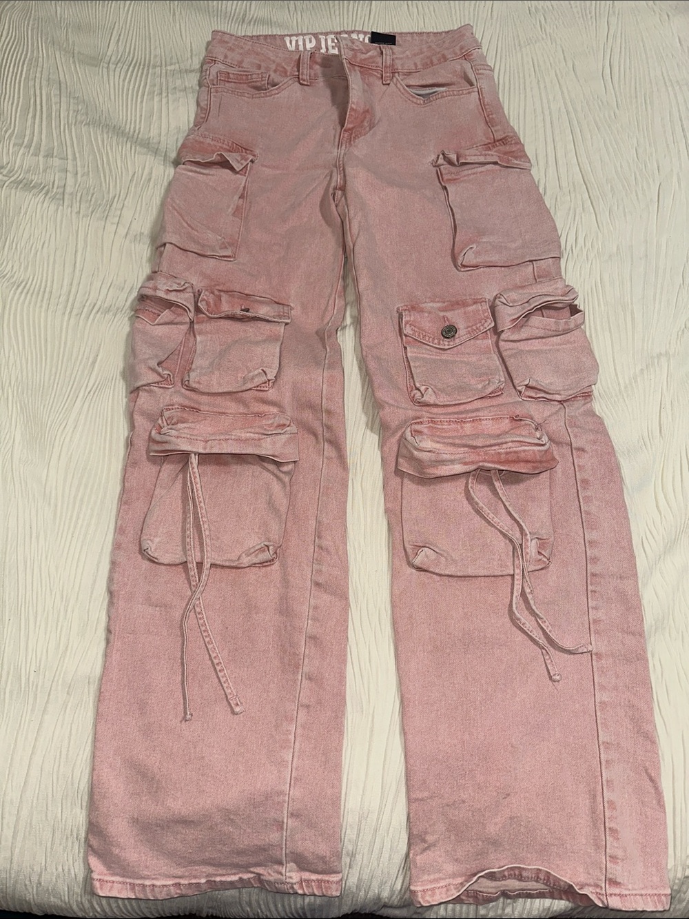 VIP Pink Wide-Leg Cargo Pants with Multiple Patch Pockets